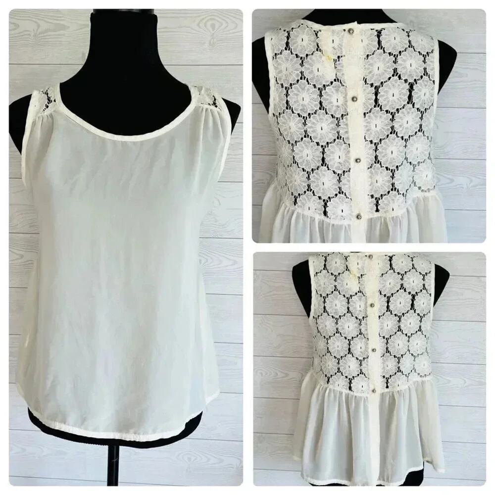 Bee Stitched cream sheer sleeveless top with back lace panel Size Small